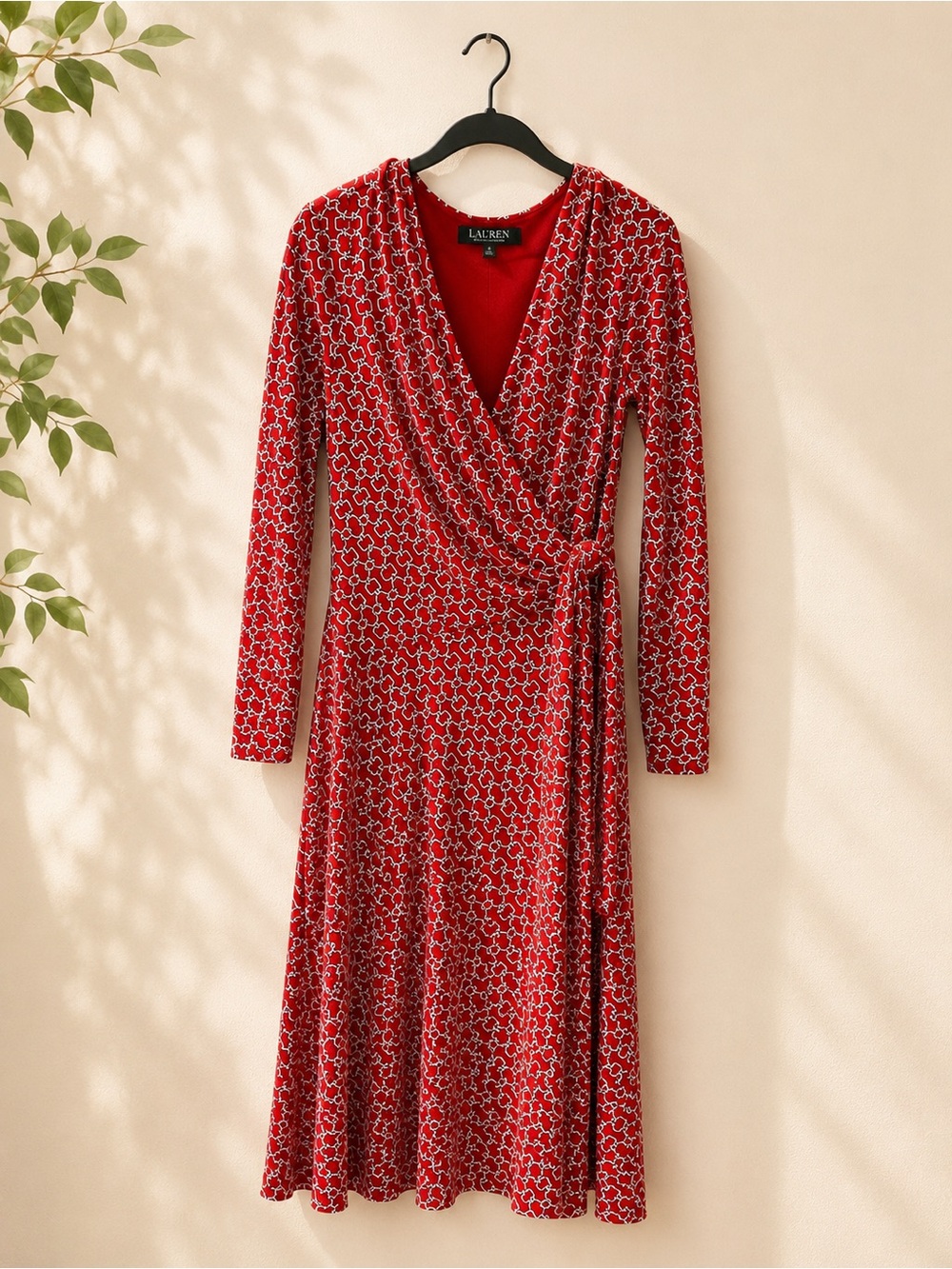 Ralph Lauren Red Wrap Dress with White Chainlink Print